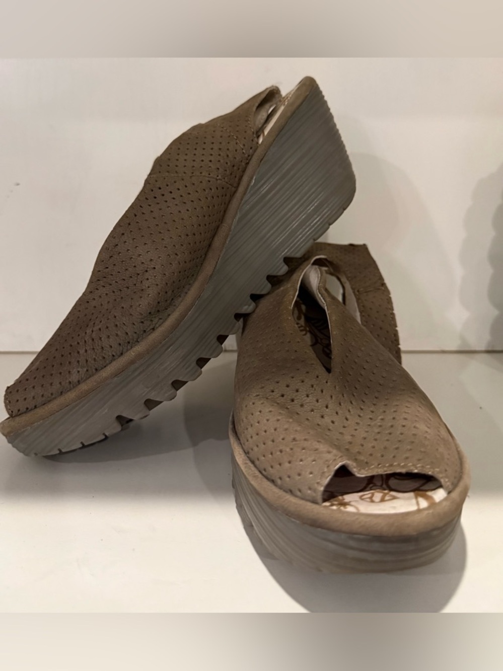 Fly London Yala Perforated Leather Wedge Sandals Taupe Size 40